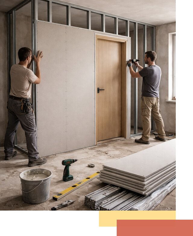 Перегородка из гипсокартона с дверью под ключ в Феодосии