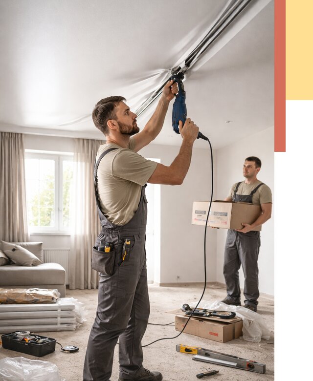 Монтаж сатинового натяжного потолка в Феодосии от 3555 руб. | Быстро, недорого — ОТДЕЛОЧНИК-Фдс