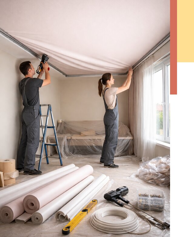 Монтаж цветного натяжного потолка в Феодосии от 4266 руб/м² — быстро и недорого | ОТДЕЛОЧНИК-Фдс