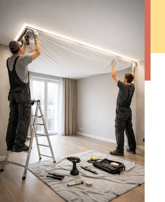 Монтаж парящего натяжного потолка в Феодосии от 4571 руб. быстро и недорого | ОТДЕЛОЧНИК-Фдс