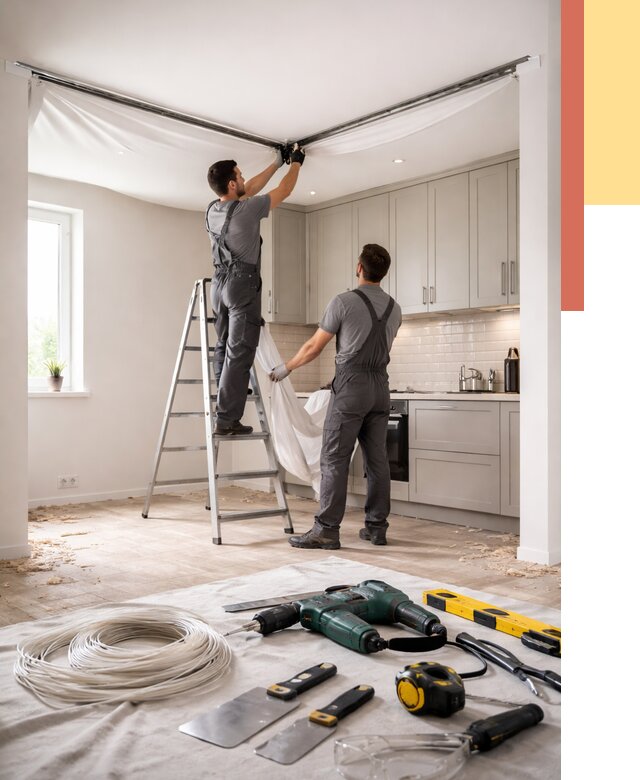 Установка натяжного потолка на кухне в Феодосии от 2438 руб. | ОТДЕЛОЧНИК-Фдс