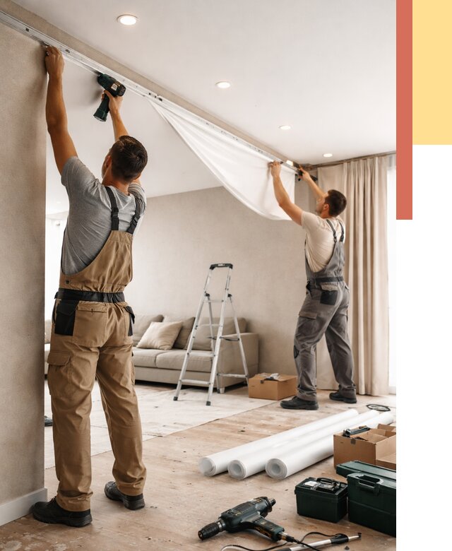 Монтаж натяжного потолка в гостиной в Феодосии от 559 руб. | ОТДЕЛОЧНИК-Фдс