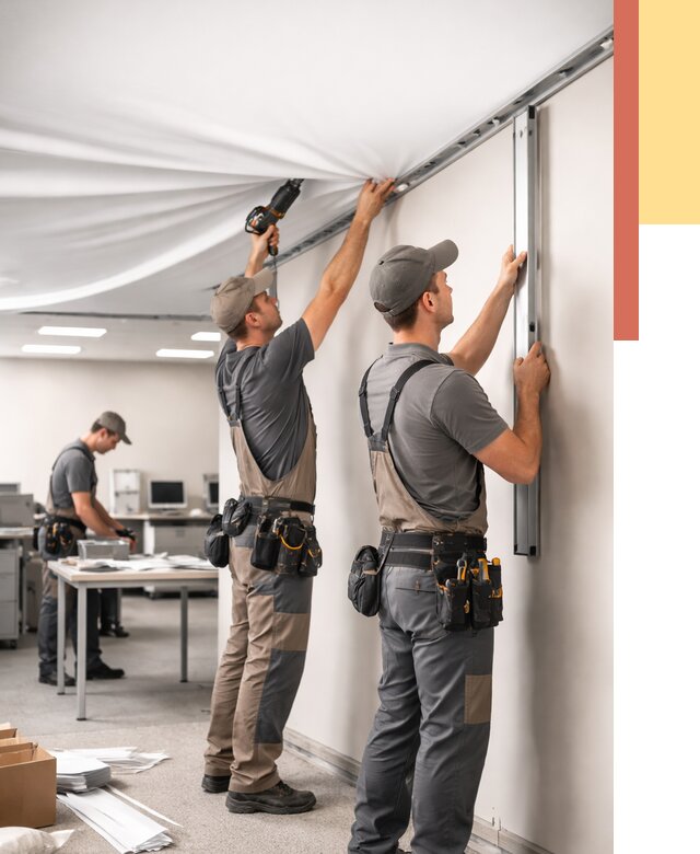 Монтаж натяжного потолка в офисе в Феодосии от 457 руб/м² — быстро и недорого | ОТДЕЛОЧНИК-Фдс