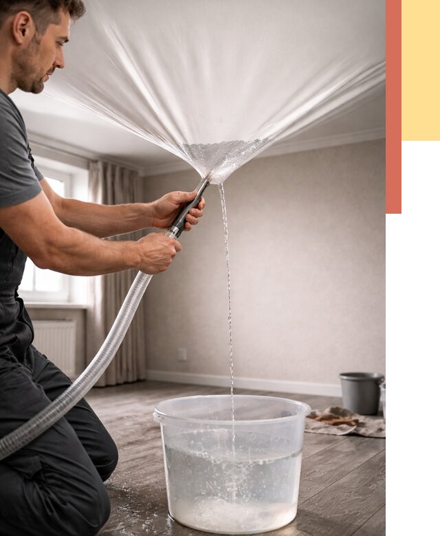 Слив воды с натяжного потолка в Феодосии от 2540 руб. быстро и недорого | ОТДЕЛОЧНИК-Фдс