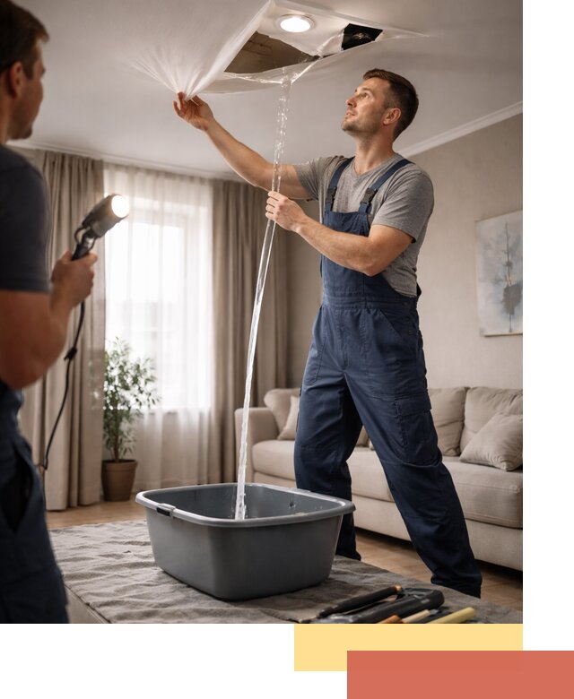 Слив воды с натяжного потолка в Феодосии быстро и аккуратно