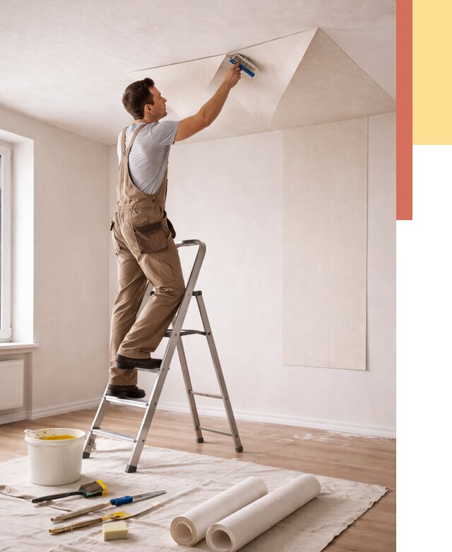 Поклейка обоев на потолок в Феодосии от 4571 руб. быстро и недорого | ОТДЕЛОЧНИК-Фдс